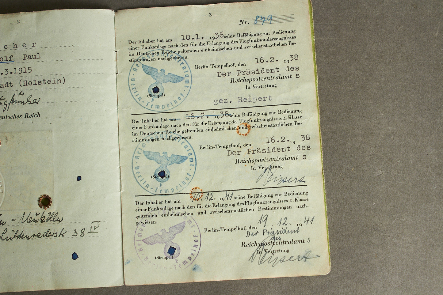 WW2 Tysk Luftwaffe "Flugfunkzeugniz und Luftfahrerschein für Bordfunker". Original.