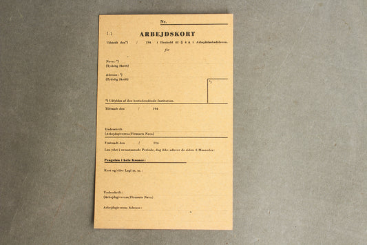 WW2 Dansk Illegalt "Arbejdskort" lavet af Modstandsbevægelsen. Original.