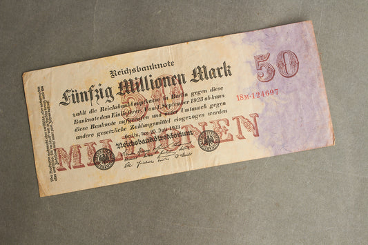 WW1/WW2 Tysk Pengeseddel fra inflationen på 50 millioner Mark. Original.
