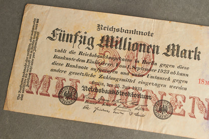 WW1/WW2 Tysk Pengeseddel fra inflationen på 50 millioner Mark. Original.