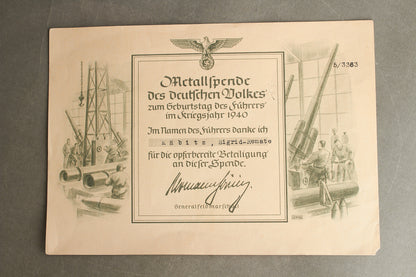 WW2 Tysk "Metallspende" Urkunde (doneret stål til krigsindustrien på AH Fødselsdag). Original.