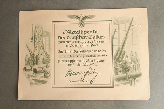 WW2 Tysk "Metallspende" Urkunde (doneret stål til krigsindustrien på AH Fødselsdag). Original.