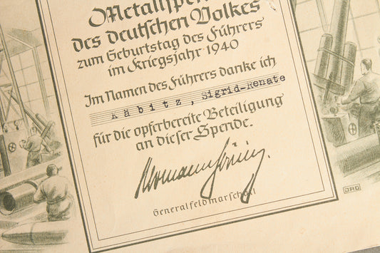 WW2 Tysk "Metallspende" Urkunde (doneret stål til krigsindustrien på AH Fødselsdag). Original.