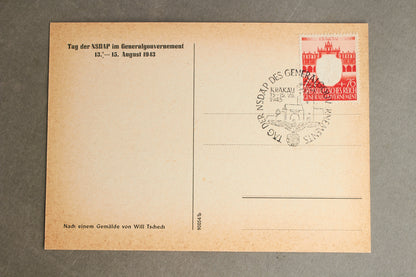 WW2 Tysk NSDAP/Wehrmacht Postkort. Frankeret med "præget" frimærke og stemplet. En af de bedre. Original.