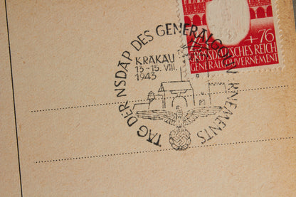 WW2 Tysk NSDAP/Wehrmacht Postkort. Frankeret med "præget" frimærke og stemplet. En af de bedre. Original.