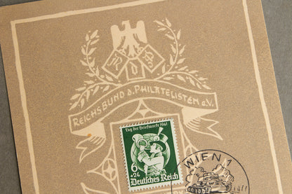 WW2 Tysk "RdP" (Reichsbund der Philatelisten) Frimærke på samler-ark. Med Panzer stempel. Sjælden. Original.