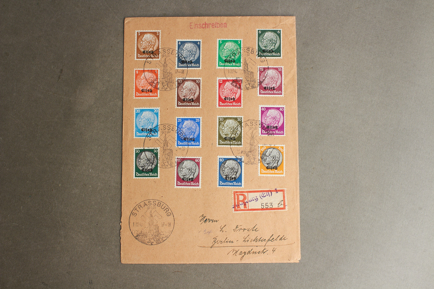 WW2 Tysk Stor "KdF" (Kraft durch Freude) kuvert med næsten alle Hindenburg frimærker og hagekors-stempler fra Strassburg. Ses ikke tit. Original.