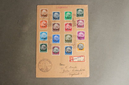 WW2 Tysk Stor "KdF" (Kraft durch Freude) kuvert med næsten alle Hindenburg frimærker og hagekors-stempler fra Strassburg. Ses ikke tit. Original.