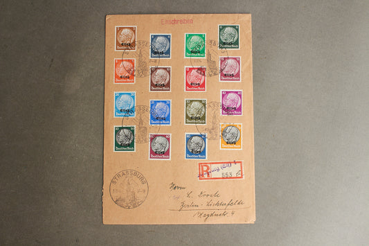 WW2 Tysk Stor "KdF" (Kraft durch Freude) kuvert med næsten alle Hindenburg frimærker og hagekors-stempler fra Strassburg. Ses ikke tit. Original.