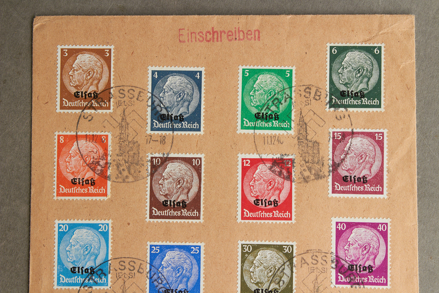 WW2 Tysk Stor "KdF" (Kraft durch Freude) kuvert med næsten alle Hindenburg frimærker og hagekors-stempler fra Strassburg. Ses ikke tit. Original.