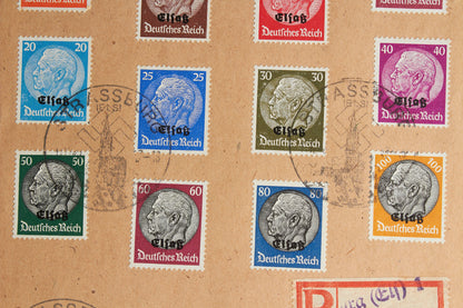 WW2 Tysk Stor "KdF" (Kraft durch Freude) kuvert med næsten alle Hindenburg frimærker og hagekors-stempler fra Strassburg. Ses ikke tit. Original.