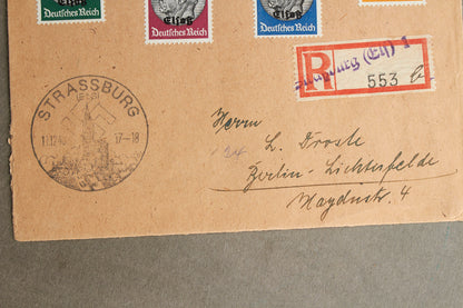 WW2 Tysk Stor "KdF" (Kraft durch Freude) kuvert med næsten alle Hindenburg frimærker og hagekors-stempler fra Strassburg. Ses ikke tit. Original.