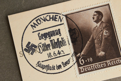 WW2 Tysk NSDAP "Hitler/Mussolini" Frimærke med stempel. Original.