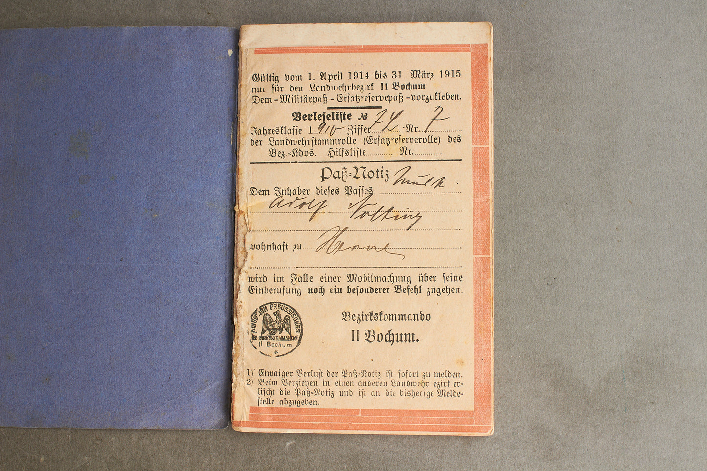 WW1 Tysk "Militärpass" fra en falden infanterist. Original.