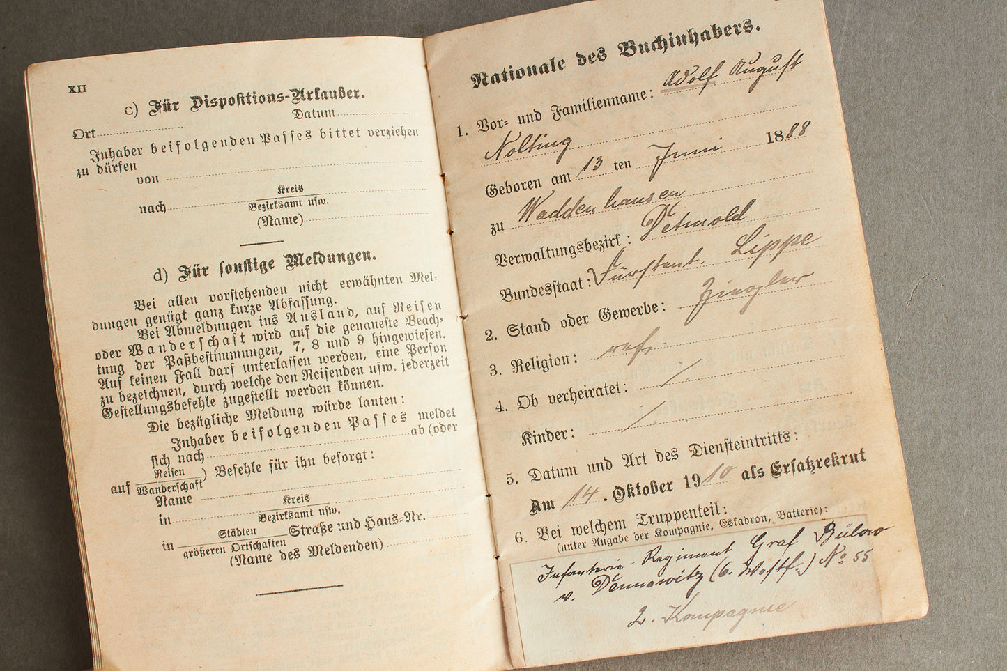 WW1 Tysk "Militärpass" fra en falden infanterist. Original.