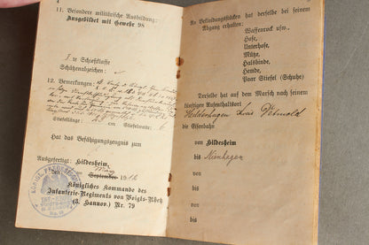 WW1 Tysk "Militärpass" fra en falden infanterist. Original.