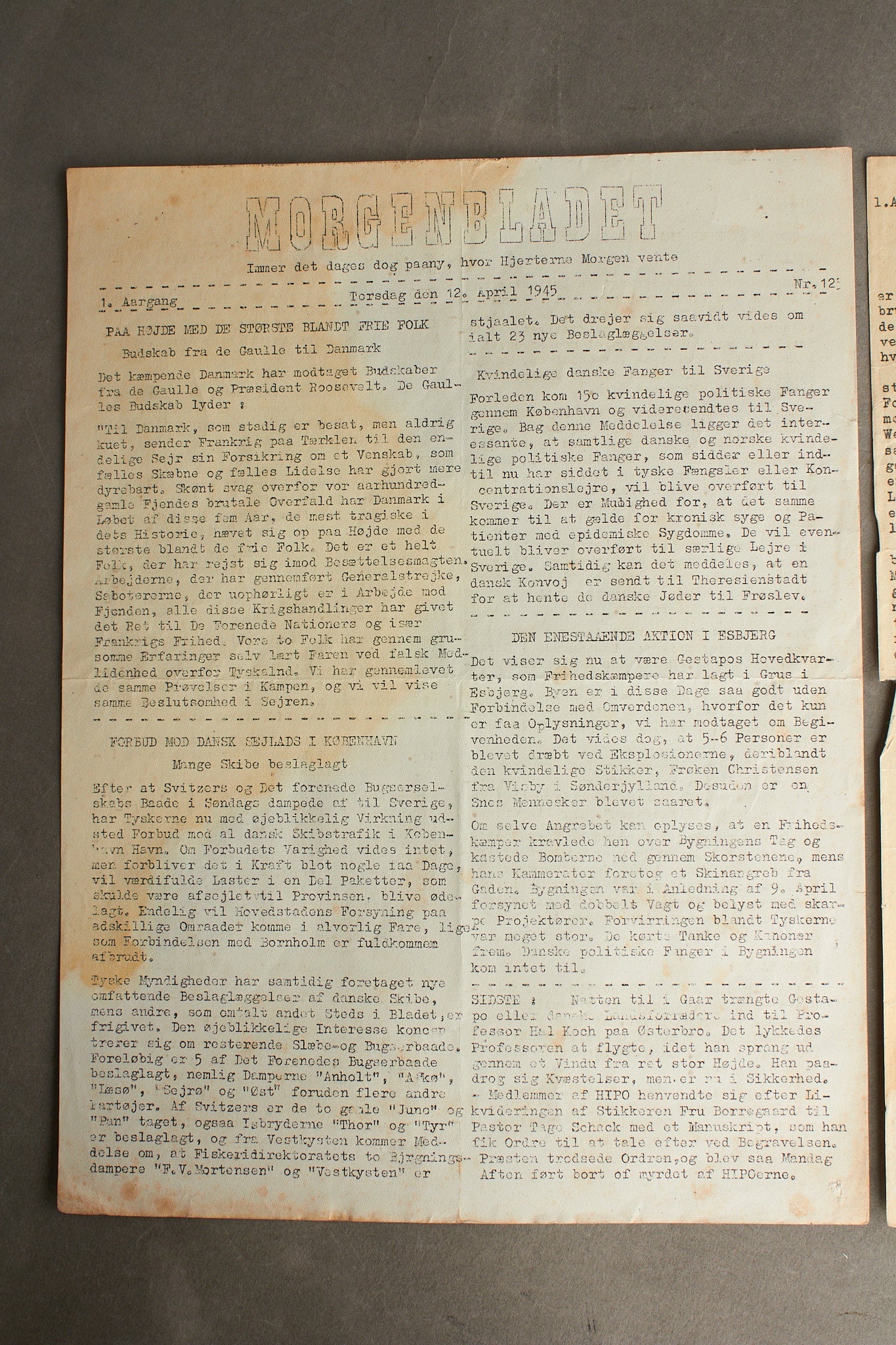 WW2 Dansk Illegalt Blad fra 12. april 1945. Original.