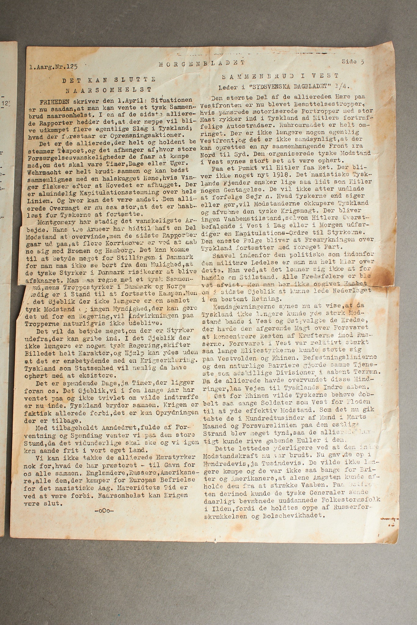 WW2 Dansk Illegalt Blad fra 12. april 1945. Original.