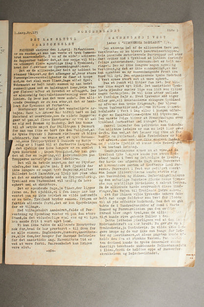 WW2 Dansk Illegalt Blad fra 12. april 1945. Original.