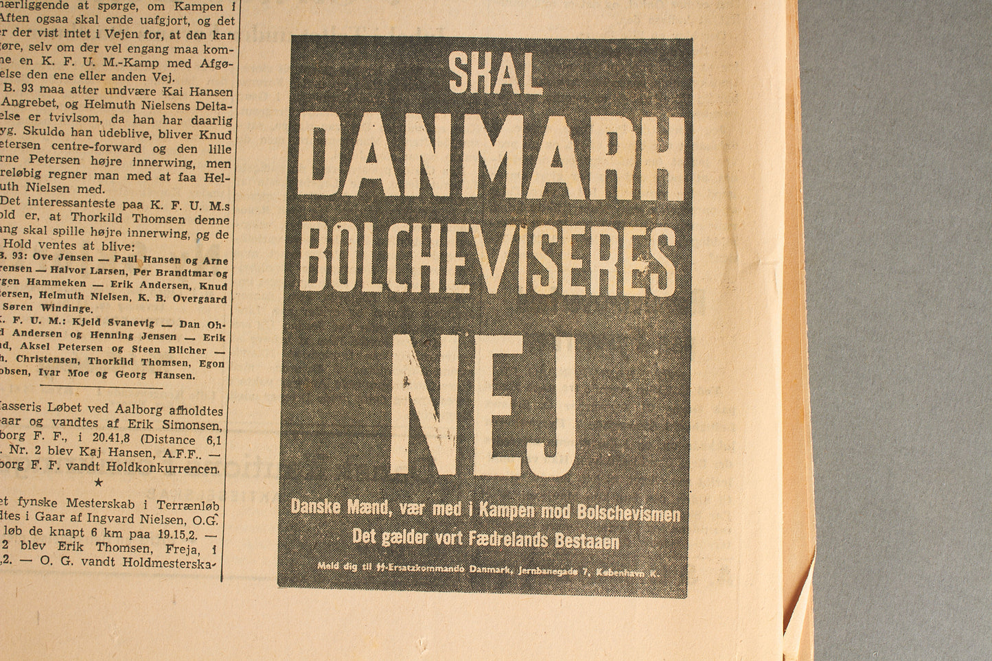 WW2 Dansk Avis med Waffen-SS "SS-Ersatzkommando Danmark" Annonce.  Original.