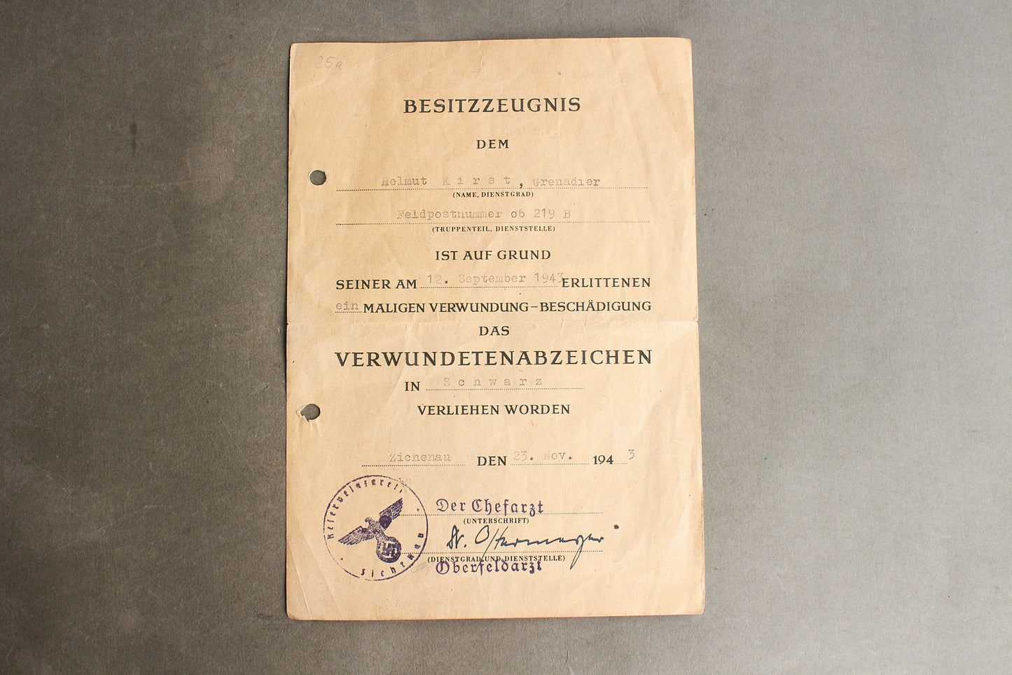 WW2 Tysk Sårettegn i Sort Urkunde. Original.
