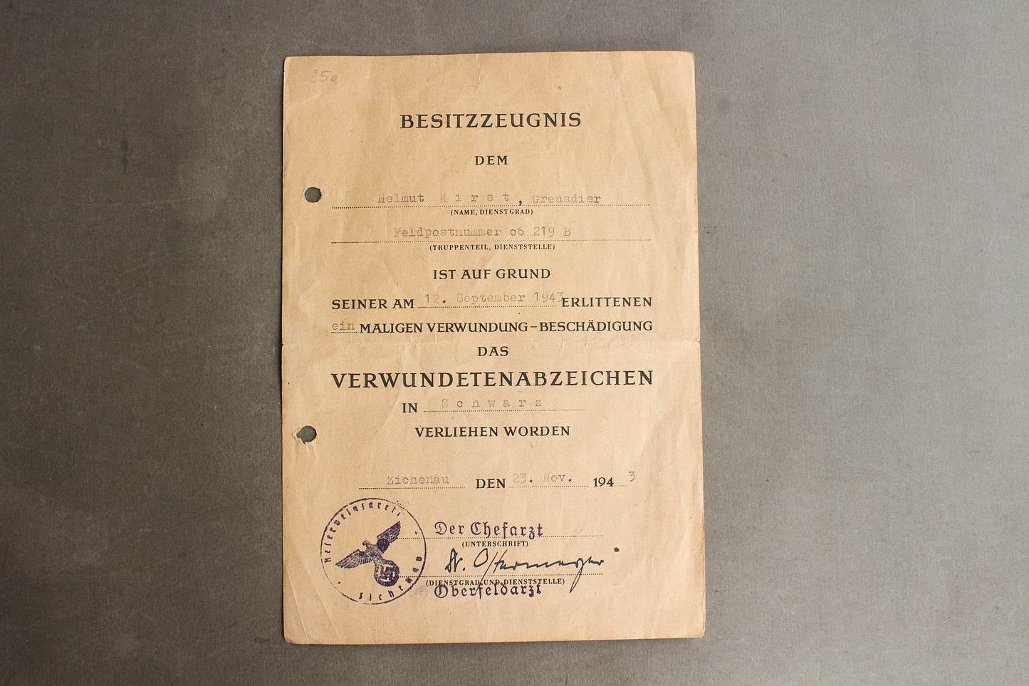WW2 Tysk Sårettegn i Sort Urkunde. Original.