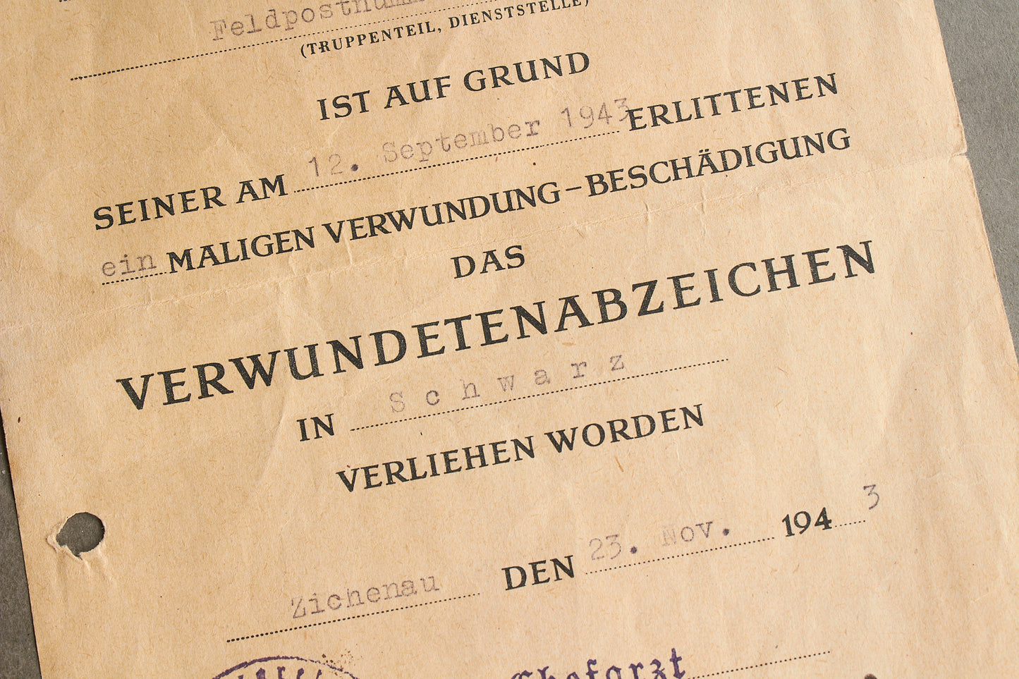 WW2 Tysk Sårettegn i Sort Urkunde. Original.