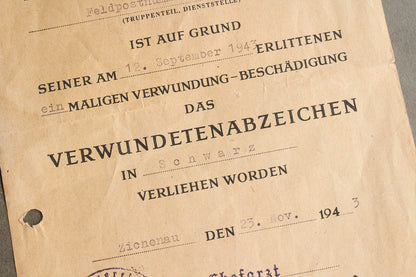 WW2 Tysk Sårettegn i Sort Urkunde. Original.