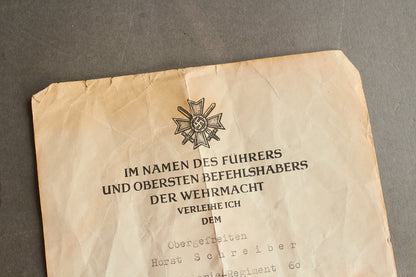 WW2 Tysk KVK 2. klasse med sværd Urkunde. Original.