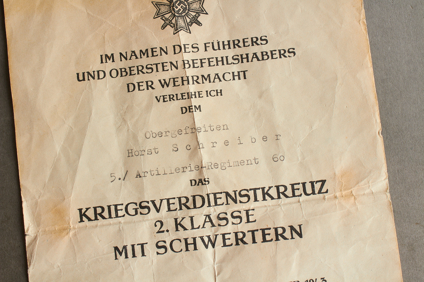 WW2 Tysk KVK 2. klasse med sværd Urkunde. Original.