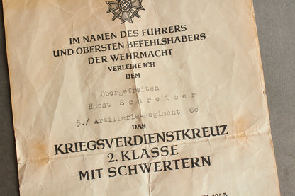 WW2 Tysk KVK 2. klasse med sværd Urkunde. Original.
