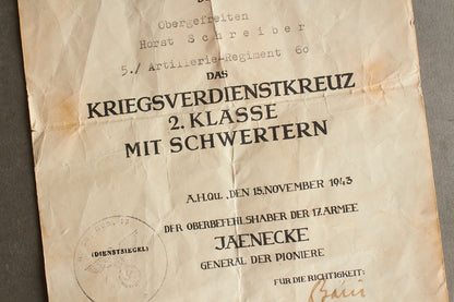 WW2 Tysk KVK 2. klasse med sværd Urkunde. Original.