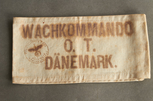 WW2 Tysk NSKK Organisation Todt "WACHKOMMANDO O.T. DÄNEMARK" Armbind. UV-Negativ, sælges som kopi.