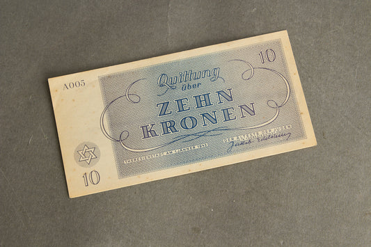WW2 Tysk Koncentrationslejr "Zehn Kronen" Pengeseddel fra Theresienstadt. Sjælden. Original.