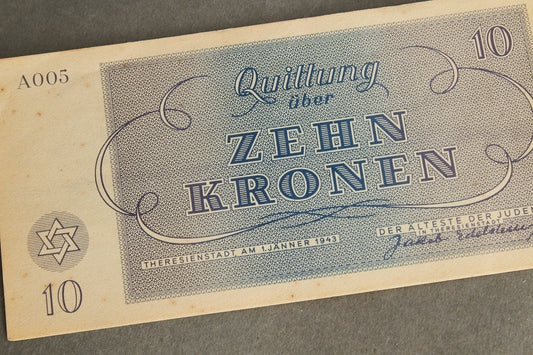 WW2 Tysk Koncentrationslejr "Zehn Kronen" Pengeseddel fra Theresienstadt. Sjælden. Original.