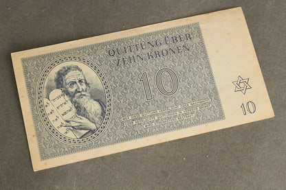 WW2 Tysk Koncentrationslejr "Zehn Kronen" Pengeseddel fra Theresienstadt. Sjælden. Original.