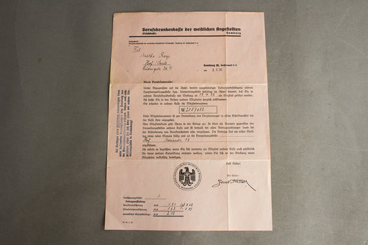 WW2 Tysk Dokument fra Sygesikrings Kasse i Hamborg. Meget illustrativ. Original.