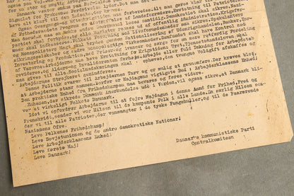 WW2 Dansk Illegalt Blad/Løbeseddel. Særnummer fra "Danmarks Kommunistiske Parti Centralkomiteen". Original.