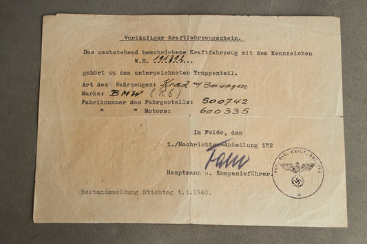 WW2 Tysk "Kraftfahrzeugschein" til BMW Motorcykel. Fra Inf.-Div.-Nach.-Abt. 152. Original.