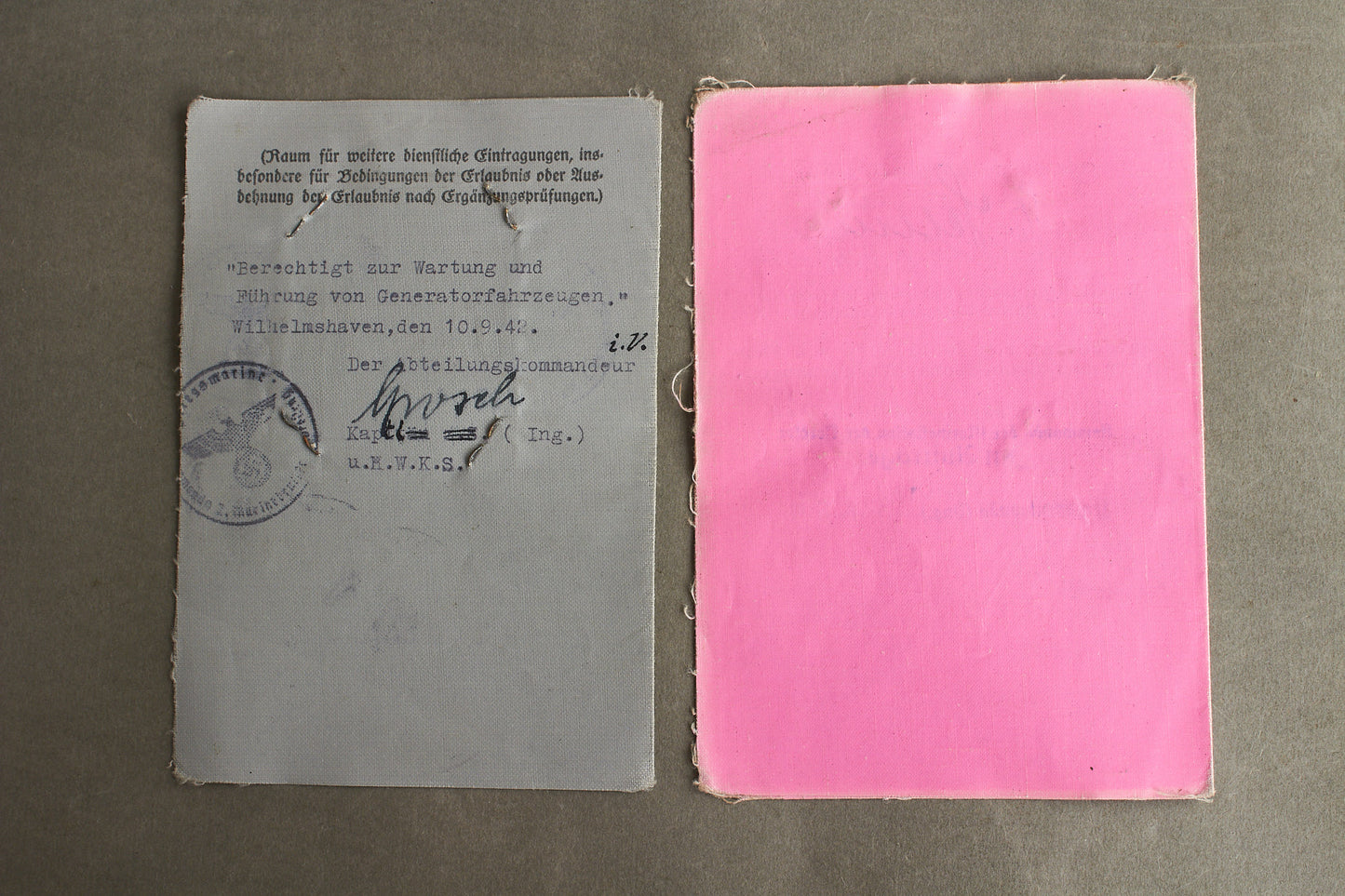WW2 Tysk Kriegsmarine der Nordsee "Führer- & Fahrlehrerschein". Sjælden. Original.