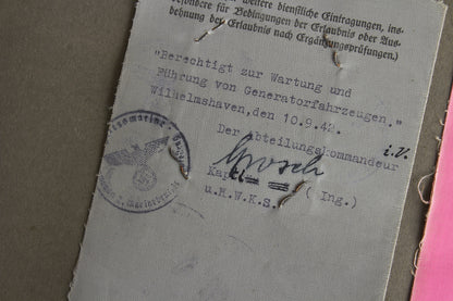 WW2 Tysk Kriegsmarine der Nordsee "Führer- & Fahrlehrerschein". Sjælden. Original.