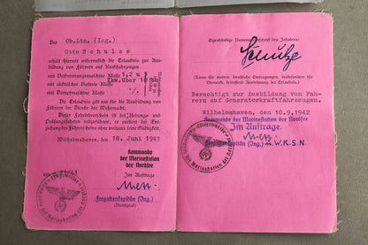 WW2 Tysk Kriegsmarine der Nordsee "Führer- & Fahrlehrerschein". Sjælden. Original.