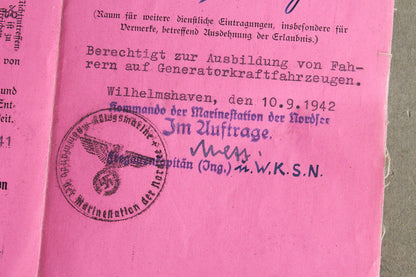 WW2 Tysk Kriegsmarine der Nordsee "Führer- & Fahrlehrerschein". Sjælden. Original.