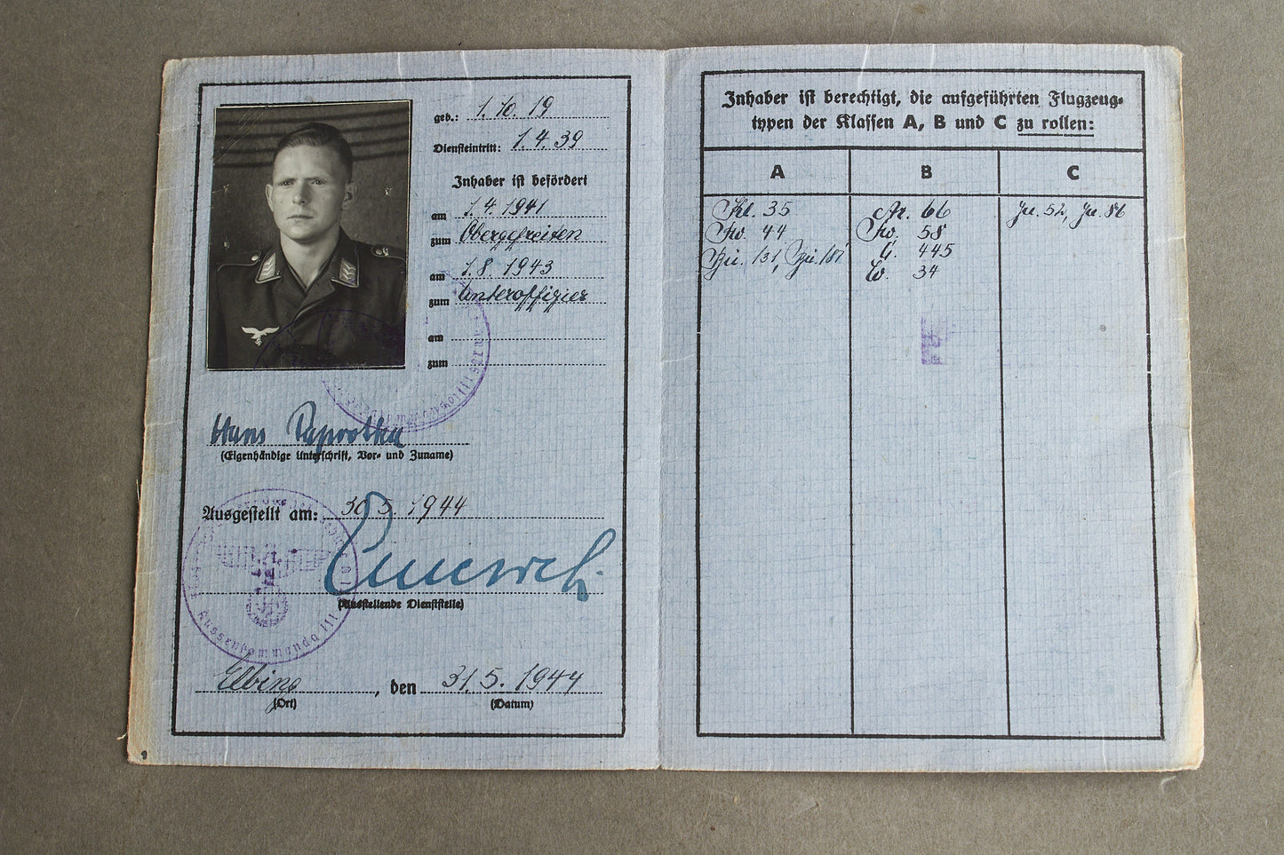 WW2 Tysk Luftwaffe "Rollschein". Original.