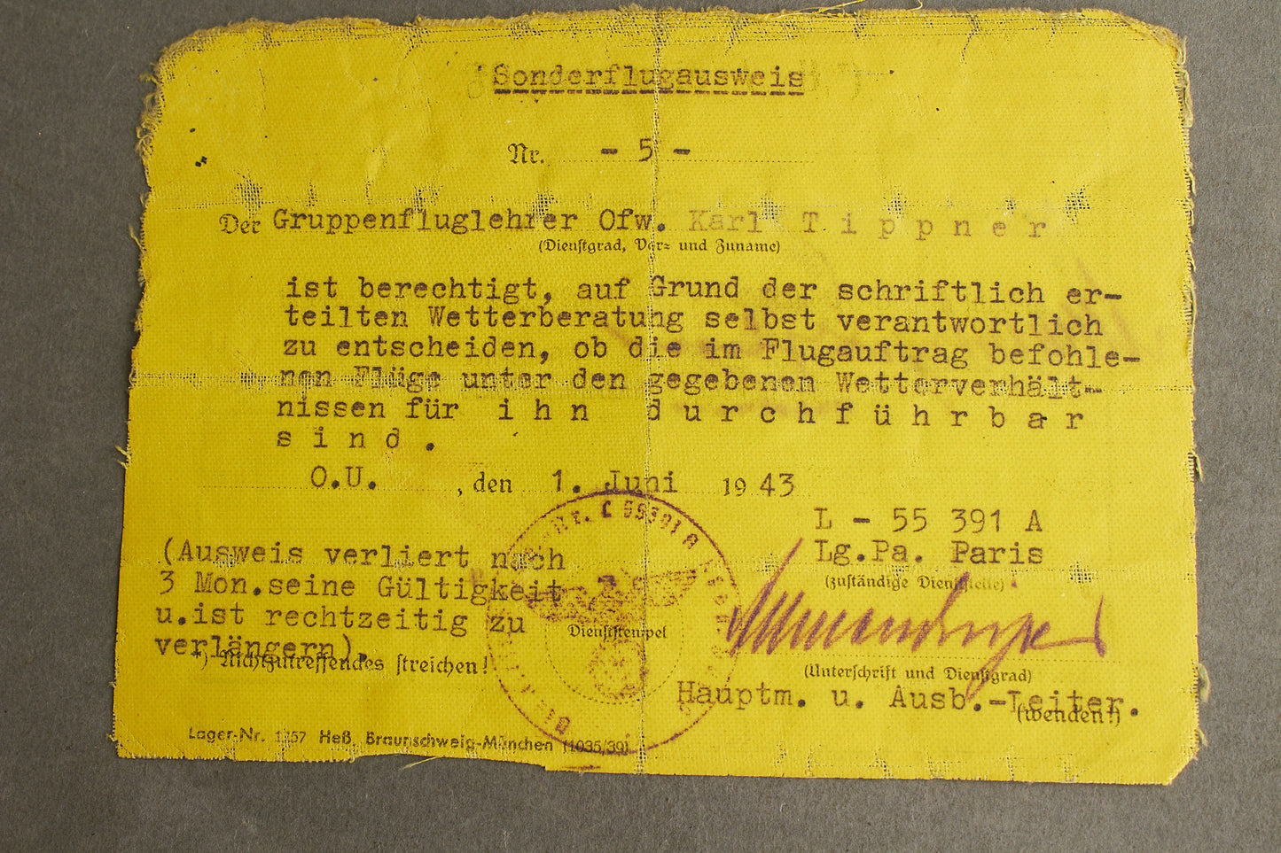 WW2 Tysk Luftwaffe Flyveinstruktør "Ausweis". Udstedt i Lg.-Pa. Paris. Sjælden! Original.