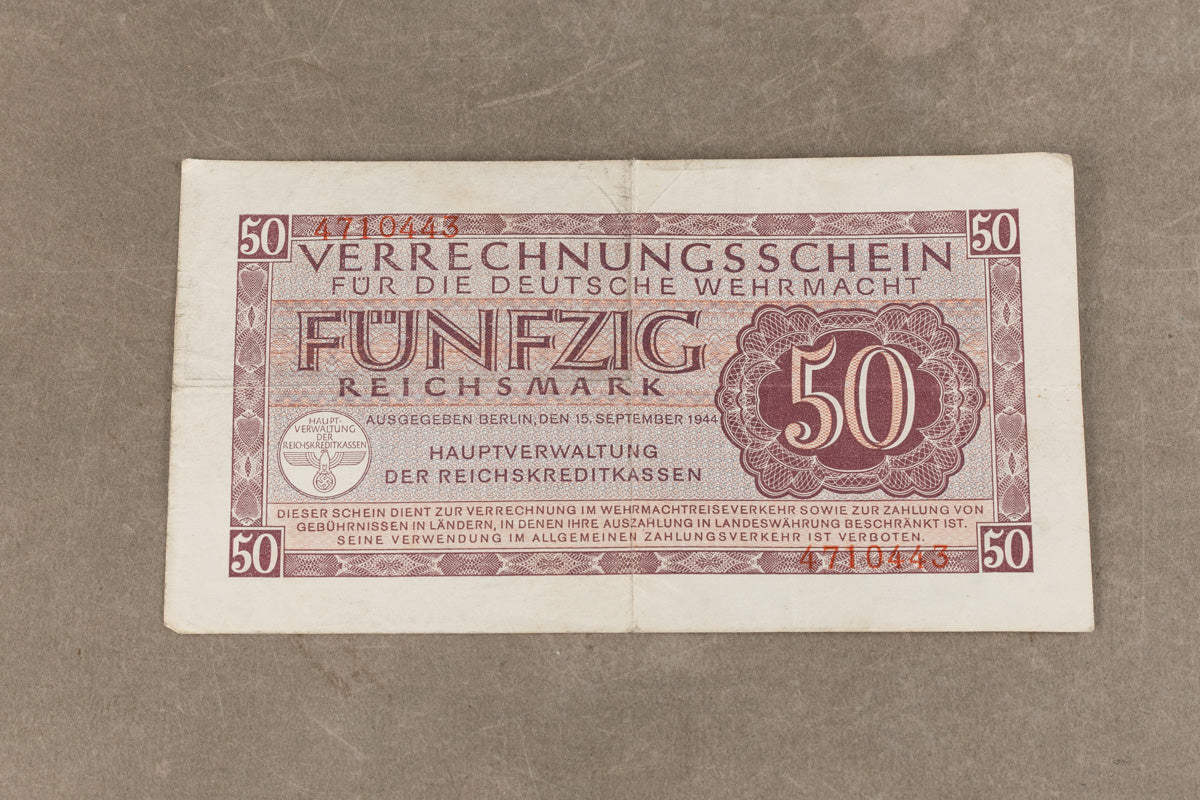 WW2 Tysk Wehrmacht "50 Reichsmark". En af de bedre, udstedt til Wehrmacht. Original.
