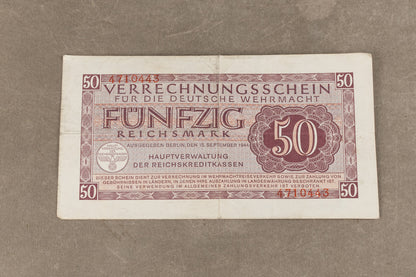 WW2 Tysk Wehrmacht "50 Reichsmark". En af de bedre, udstedt til Wehrmacht. Original.
