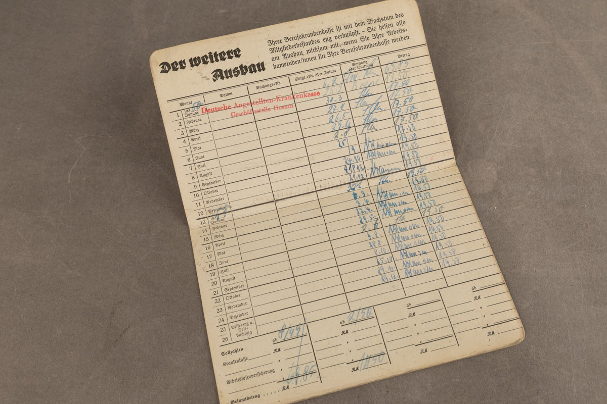 WW2 Tysk "Berufskrankenkasse der Kaufmannsgehilfen" Medlemsbog. Original.