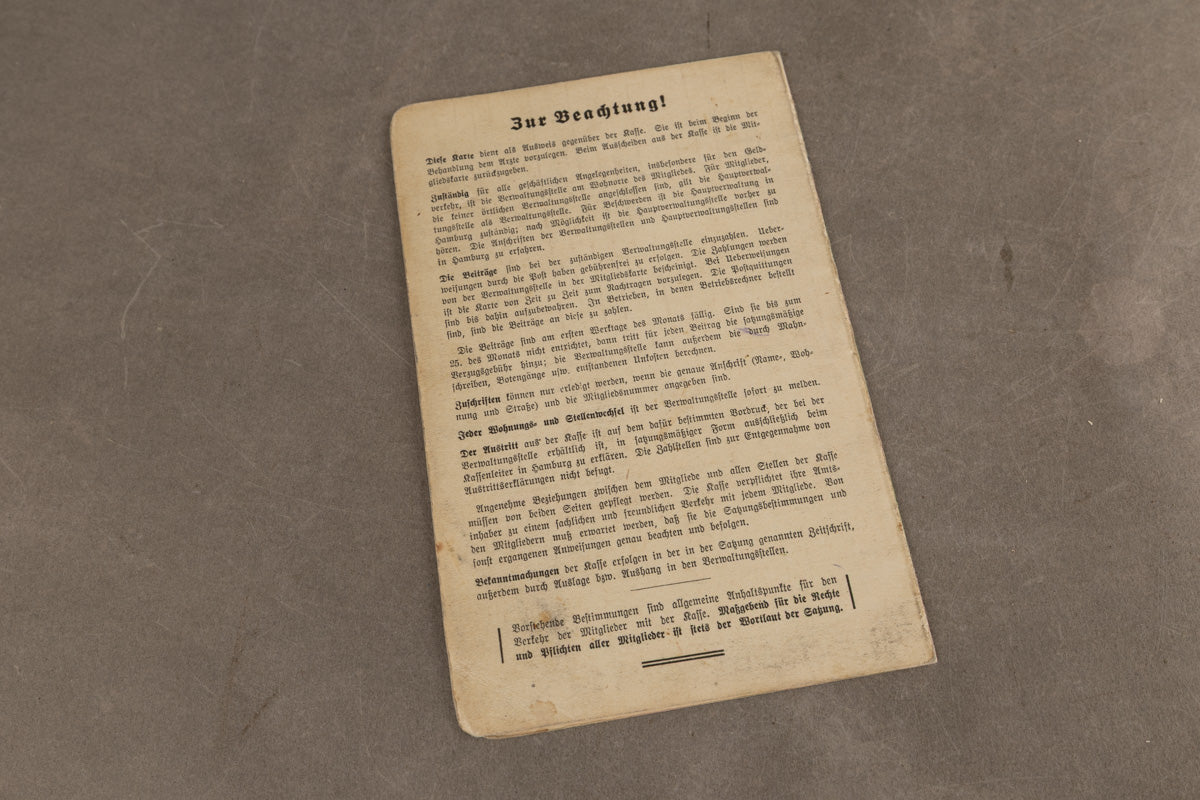 WW2 Tysk "Berufskrankenkasse der Kaufmannsgehilfen" Medlemsbog. Original.