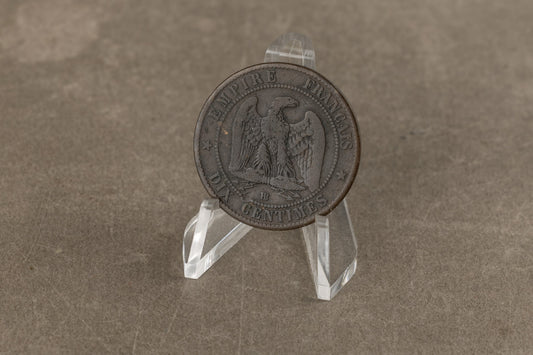 Ældre fransk 10 centimes-mønt fra Napoleon III, ca. 1852–1857. Original.